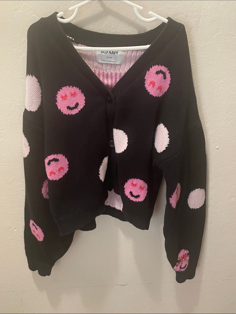 Old Navy Black Cardigan with Pink Smiley Dot Pattern XL (12)